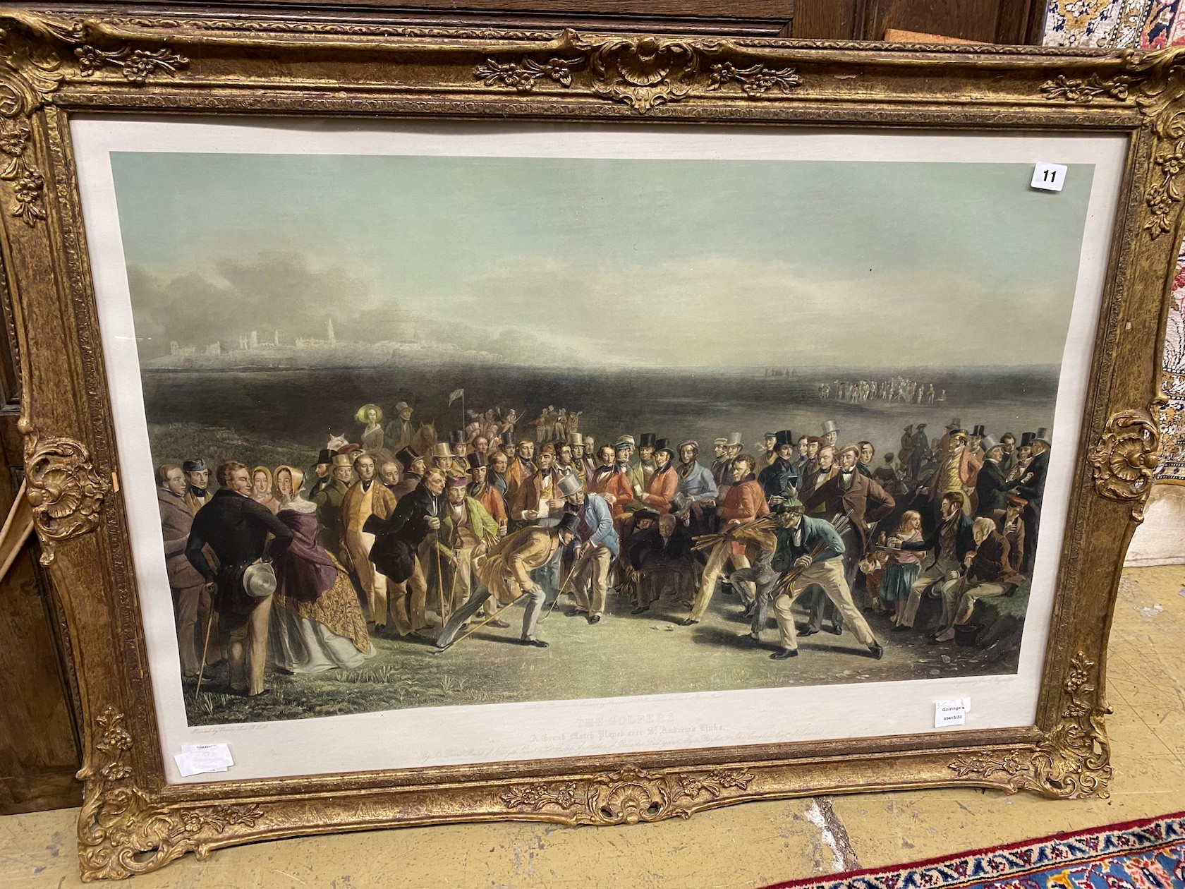 After Charles Lees, coloured print 'The Golfers' together with a key plate, larger 106 x 76cm